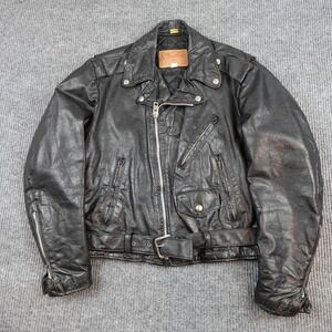 Vintage Excelled Motorcycle Jacket Mens 42 Black Leather Belted USA 70s 60s